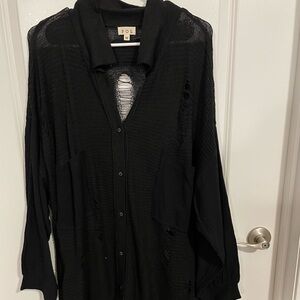 Black Distressed Button-Up Cardigan POL